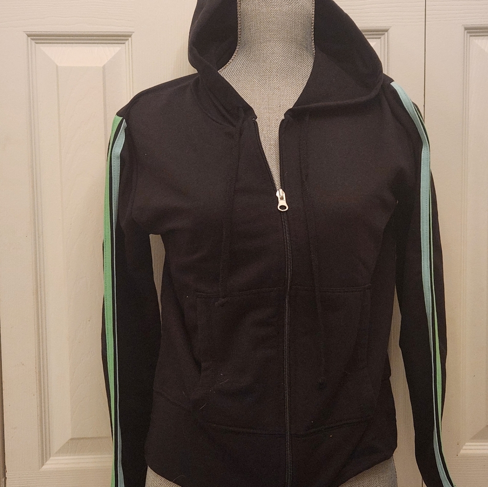LA Movers Women's Black Zip Up  Hoodie with Green And Blue Stripes Sz S